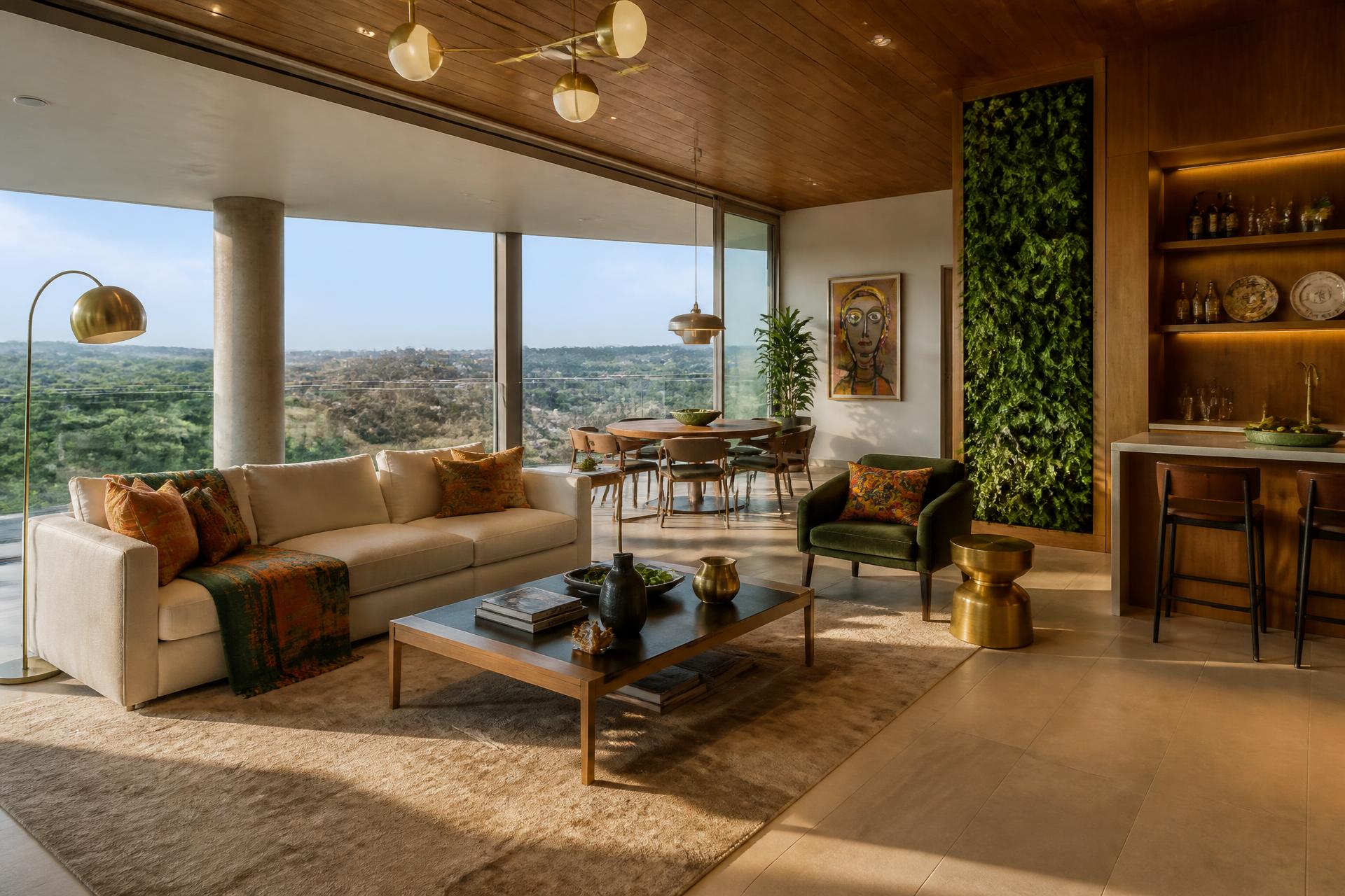 Apartment interior with living wall, brass detailing and highland views