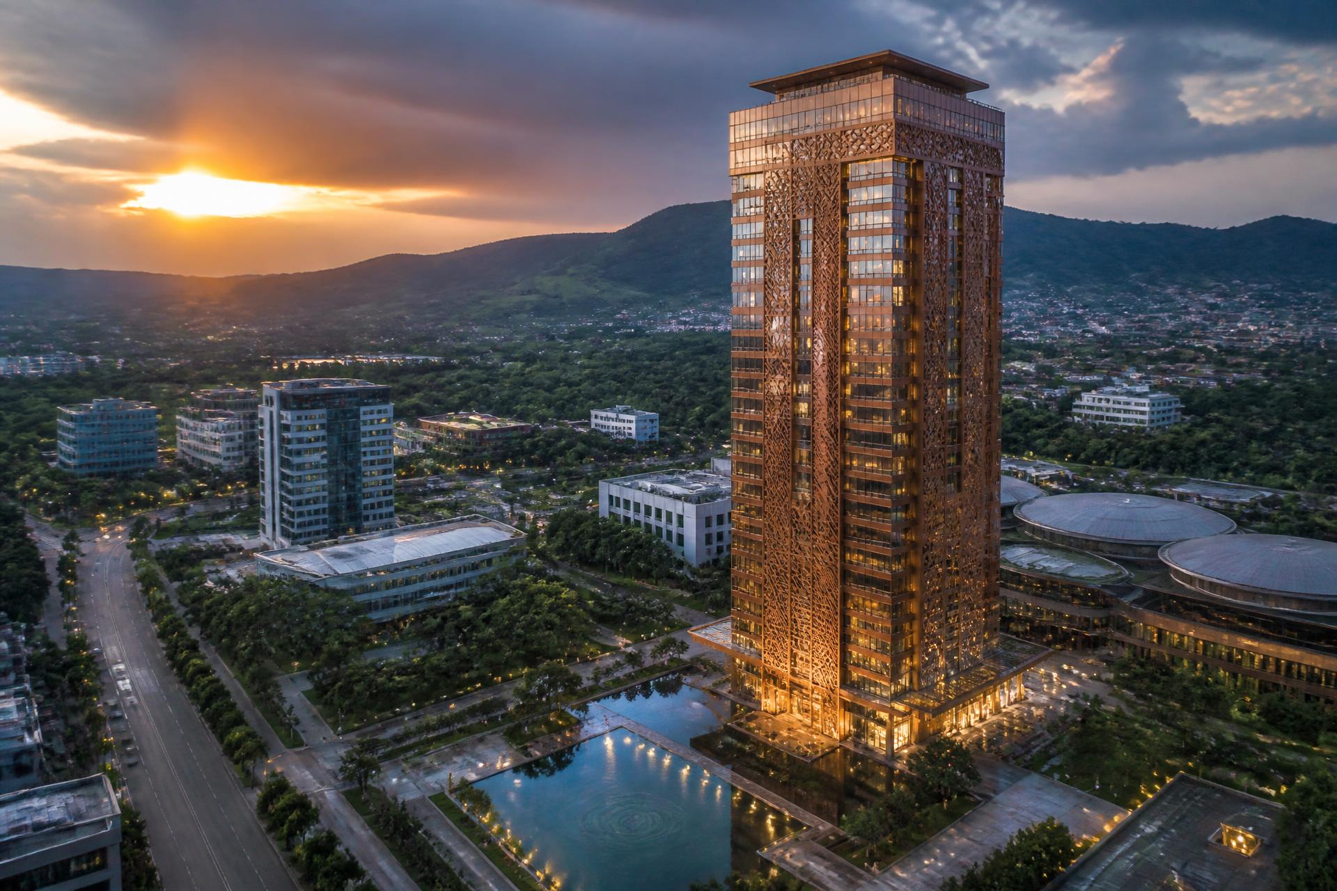 The CITYSCAPE Tower rising above the Somanya highlands at sunset